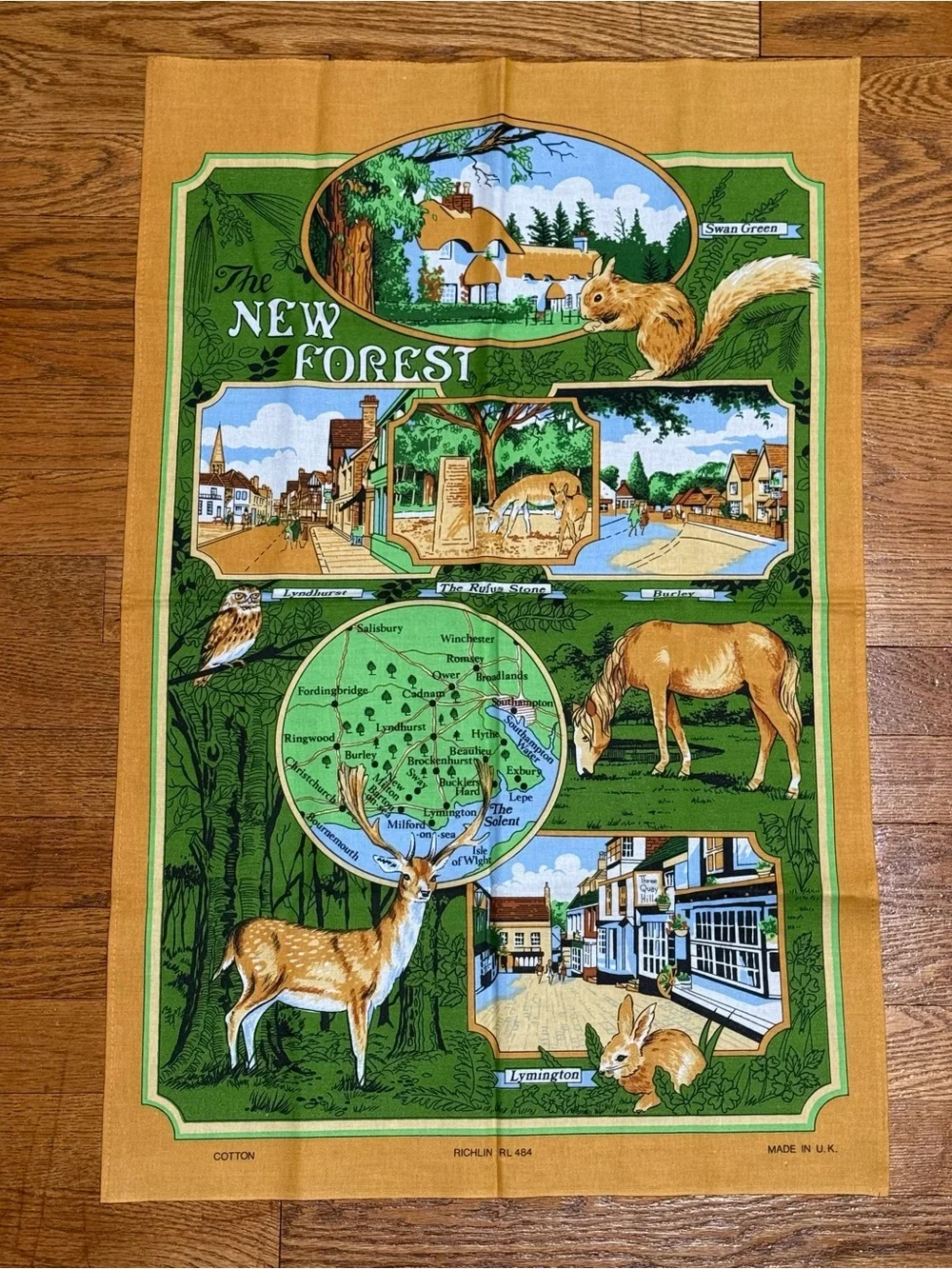 VTG New Forest Souvenir Tea Towel Richlin RL484 Cotton Map Made in UK (NWOT)
